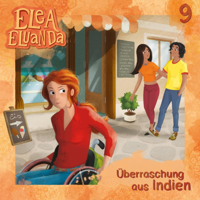 Hörspielcover - orange- Elea im Vordergrund - Ravi läuft mit dritter Person dahinter